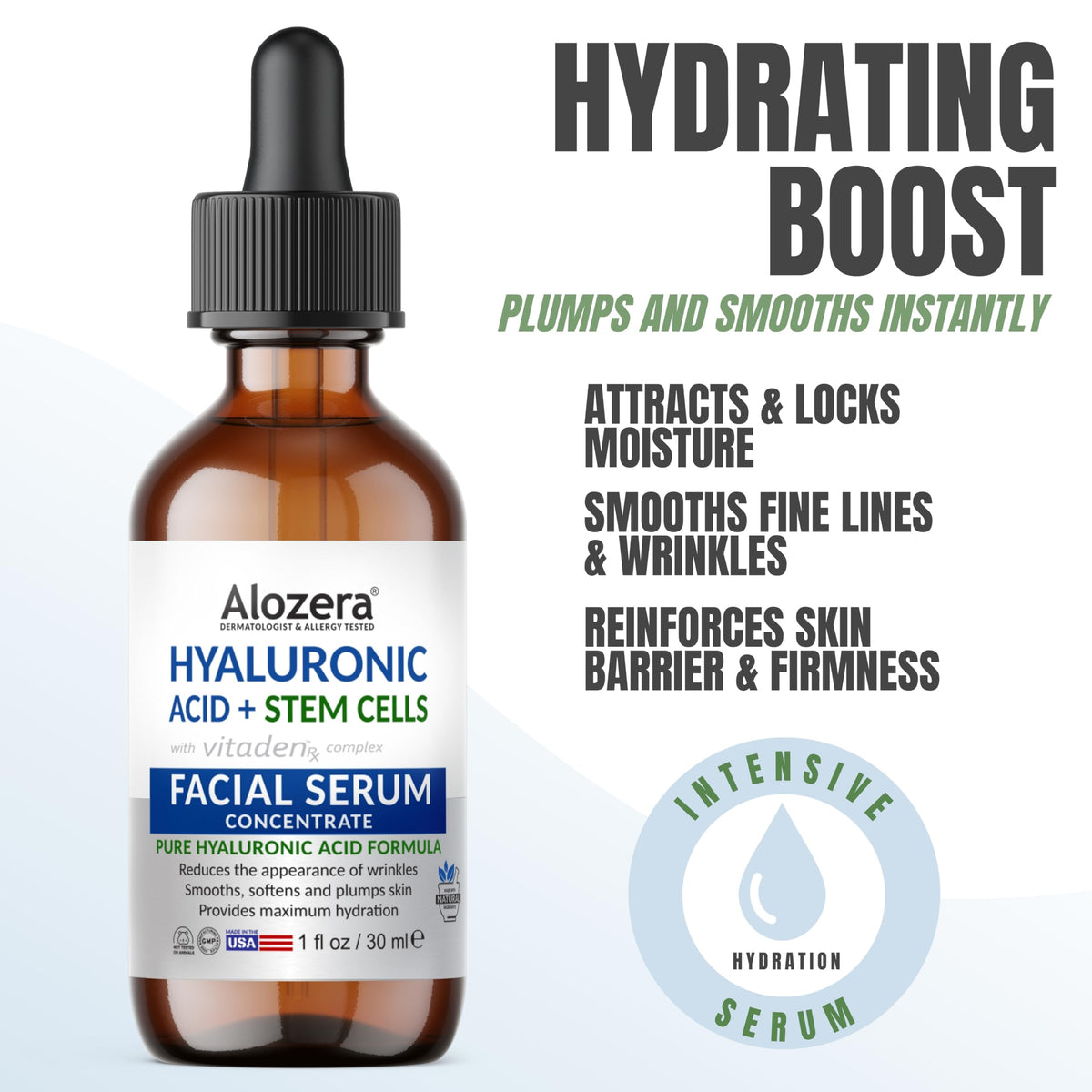Hyaluronic Acid Serum for Face with Stem Cells, Deep Hydrating & Plumping